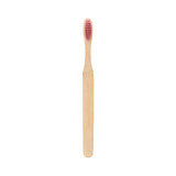 A large flat handle toothbrush with a bamboo body and a pink bristle head, featuring a logo.