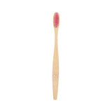 A large bamboo toothbrush with a pink bristle head and a smooth, natural bamboo handle.