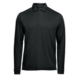 A long-sleeved, black polo shirt with a collar and buttoned placket, featuring a logo.