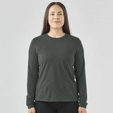 A long-sleeved women's tee in a dark green colour, featuring a logo and a relaxed fit.