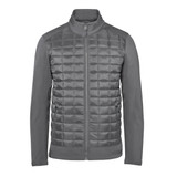 A grey men's thermal softshell jacket featuring a quilted front and smooth sleeves, with a zip closure and a collar.