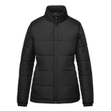 A women's black thermal puffer jacket with a zip closure and a high collar. It features a logo on the chest.