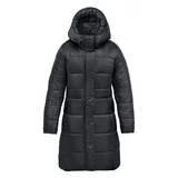 A women's black puffer jacket with a hood, featuring a quilted design and a mid-length cut.