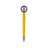 A yellow pen with a tire-shaped top and silver tip, featuring a logo on the body.