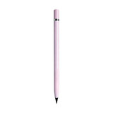 A pink pencil with a sleek design and a metallic trim at the top. It features a logo on the body.