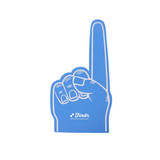 A giant foam hand in blue, shaped like a hand with one finger raised, featuring a logo.