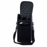 A drink bottle cooler bag in black, designed to hold two bottles, features a zippered top and an adjustable strap.