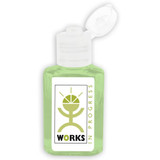 A green 30ml hand sanitiser gel bottle with a flip-top lid, containing 75% ethyl-alcohol and an aloe formulation.