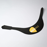 A black sun visor featuring a logo, designed to shield from sunlight.