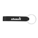 A drink bottle opener in black, featuring a silver keyring attachment and a logo.