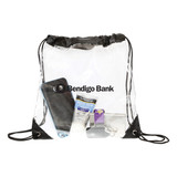 A clear drawstring bag containing a phone, sunscreen, and various small items, featuring a logo.