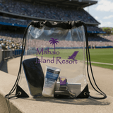 A clear drawstring bag in black featuring a logo, containing a drink bottle, sunscreen, phone, and keys.