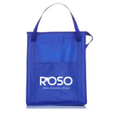 A blue insulated grocery tote with dual handles and a logo on the front.