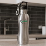 A drink bottle made of stainless steel with a black cap and a logo. It features a sleek, silver finish.
