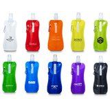 A collection of colourful water pouches in various shades, including red, yellow, green, and black, each with a logo.