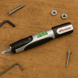 A flashlight tool kit with a level, featuring a black and silver body, surrounded by various screws and nuts.