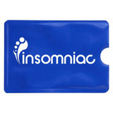 A blue RFID credit card protector sleeve featuring a logo. The sleeve has a cut-out for easy card access.