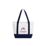 A small canvas tote bag in white with navy handles and a logo on the front.