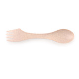 A multi utensil in soft beige with a spoon on one end and a fork on the other. It has a smooth texture and a subtle design.