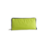 A vibrant green foldable tote bag with a zip closure, featuring a logo on one side.