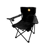 A black foldable portable camping chair with a cup holder and a logo on the backrest.