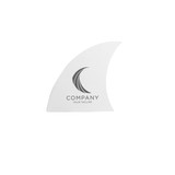 A white surfboard fin featuring a logo, with a sleek curved design.