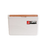 A white cooler box with a wooden lid and a logo on the front.