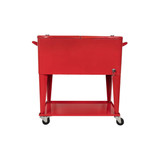 A red 75L cooler box trolley with a wheeled base and two handles for easy mobility. It features a large storage compartment.
