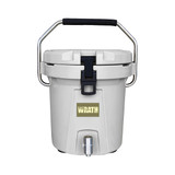 A grey ice bucket with a black handle and a metal tap at the bottom, featuring a logo on the front.