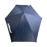 A navy umbrella with a universal clamp and a logo, featuring a hexagonal shape and multiple ribs.