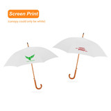 Two white umbrellas with curved wooden handles, featuring logos in green and red. Both have a curved hook handle.