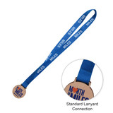 A custom shaped wooden medal with a circular wooden pendant and a blue lanyard featuring white text.