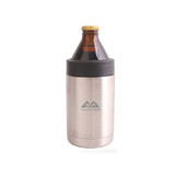 A stainless steel stubby holder in silver with a black rubber top, holding a brown glass bottle.