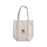 A beige heavy-duty cotton tote bag with long handles and a printed logo on the front pocket.