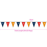 String flags in red, blue, and yellow, totaling 20 metres in length with 50 triangular pennants. Branding present.