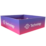 A square hanging banner in gradient purple and pink featuring a logo on the side.