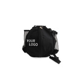 A black ball backpack with mesh side pockets and a zipper closure, featuring a logo on the front.