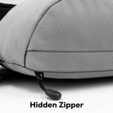A grey Sling Eco Bag featuring a textured surface and a hidden zipper detail. Includes a logo on the side.