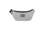 A grey eco waist bag with a zippered closure and a branding logo featured on the front.