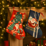 Two festive Christmas stockings hang by a decorated fireplace, one red with Santa and the other blue with a snowy scene.