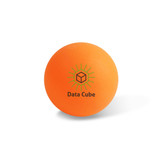 An orange table tennis ball featuring a logo on one side.