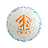 A white soccer ball with blue accents, featuring a logo in orange. The design includes textured patterns.