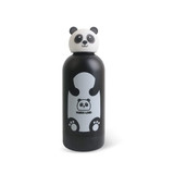 A drink bottle featuring a panda head lid, black body, and grey panda design with paw prints. It has a logo.