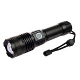 A rechargeable torch with a sleek black design, featuring a push-button and an attached strap for convenience.