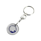 A silver keyring featuring a printed circular coin with a branded design.