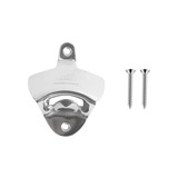 A drink bottle opener in shiny silver with two screws for mounting. Features a logo on the surface.