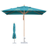 A wind-resistant square outdoor umbrella in teal, featuring a wooden pole and a logo, with a folded version beside it.
