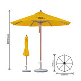 A yellow octagonal outdoor umbrella with a wooden pole and a matching cover, featuring a base for stability.