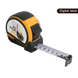 A yellow and black tape measure, 5 metres long, with a retractable measuring tape and a digital label.
