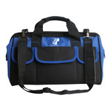 A tool bag in black and blue, featuring multiple pockets and handles, along with an adjustable shoulder strap.